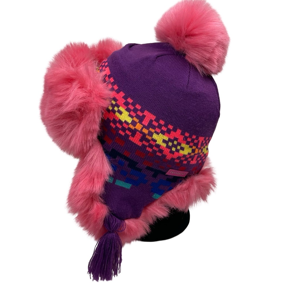 Turtle‎ Fur Trapper Hat Girls Purple Pink Fair Isle Faux Fur Pom Tassel Beanie